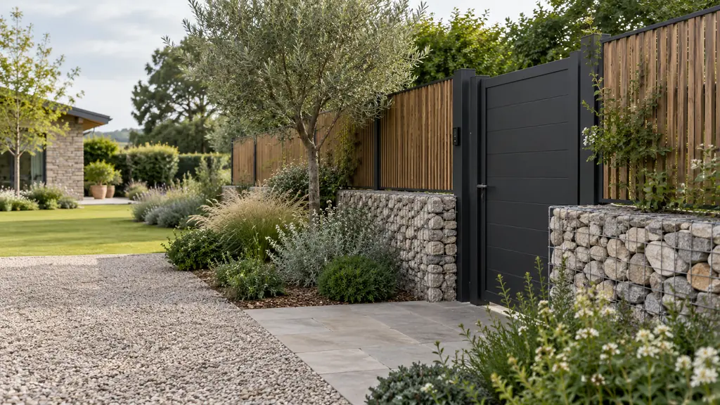 Illustration d’un aménagement associant un portail contemporain, une clôture en bois, des murs en gabions et des plantations.