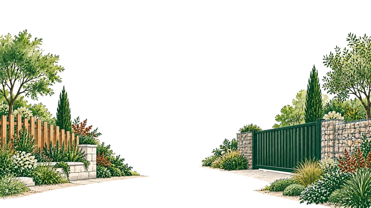 Aménagement extérieur avec clôture, portail et murs en gabions