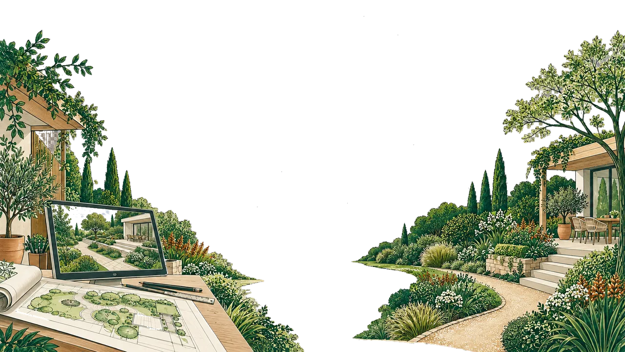 Conception 3D d’un jardin paysager avec plan et visualisation du projet