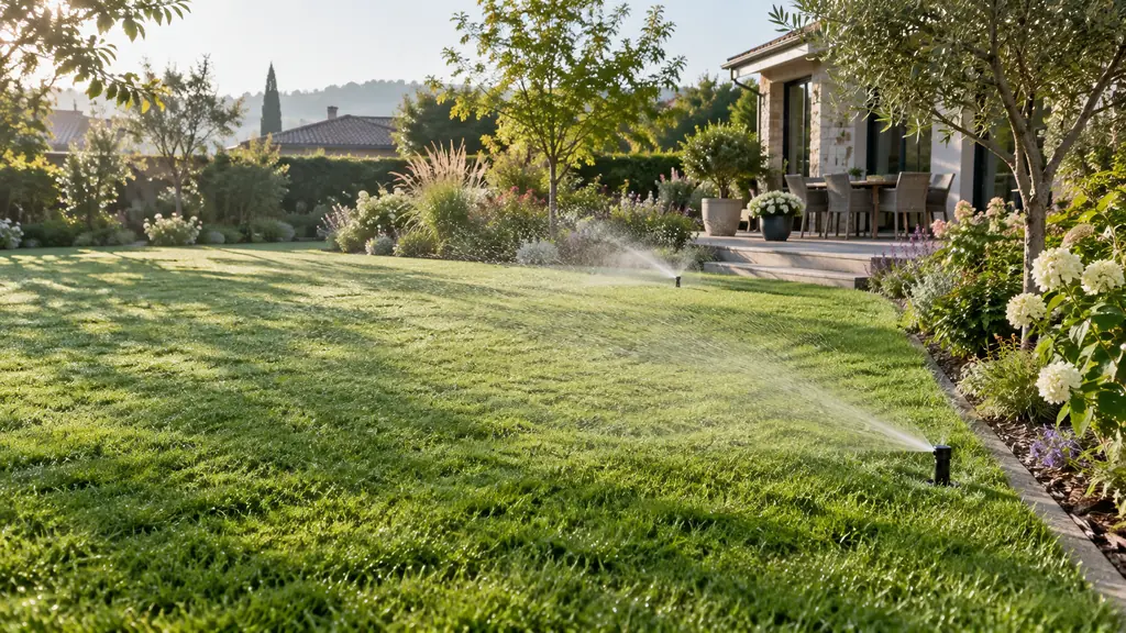 Illustration d’un jardin engazonné avec arrosage automatique, massifs végétalisés et terrasse attenante.