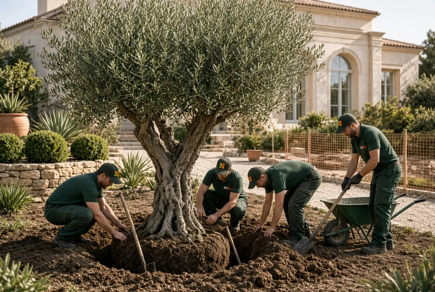 équipe-les Bojardins plante un olivier, image générée avec une IA
