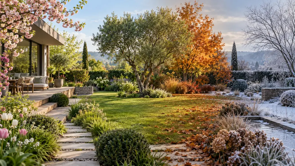 Jardin paysager évoluant du printemps à l’hiver au fil des saisons