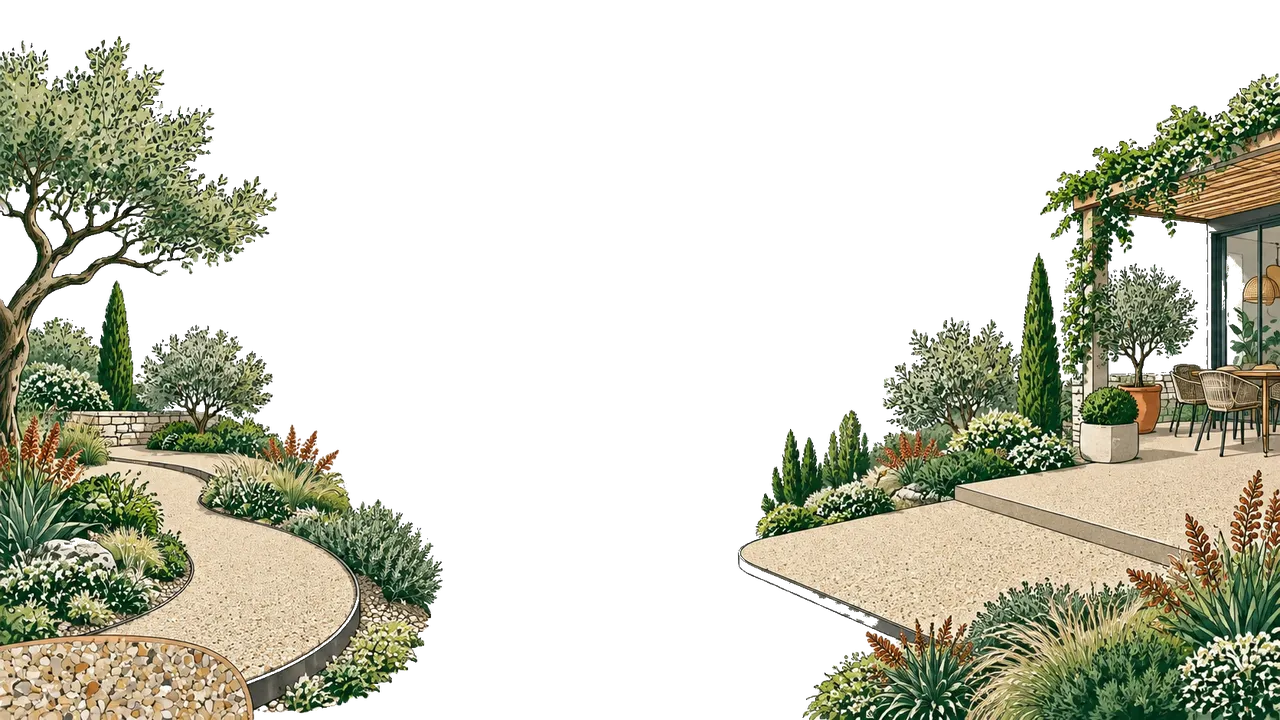Terrasse et allée de jardin réalisées en moquette de pierre