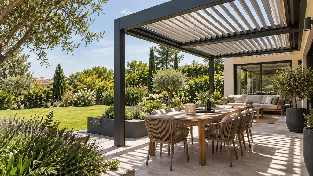 Illustration d’une pergola bioclimatique en aluminium avec lames orientables, espace repas et terrasse ouverte sur le jardin.