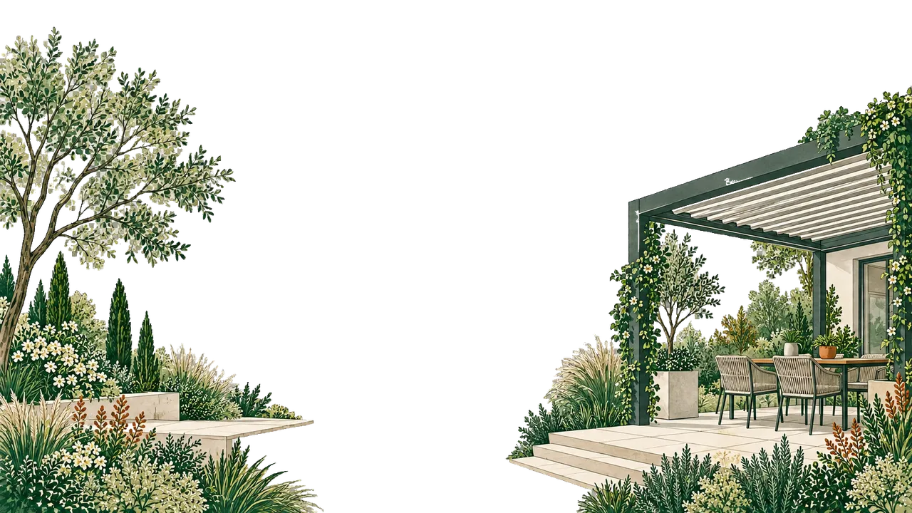 Pergola bioclimatique aménagée au cœur d’une terrasse végétalisée