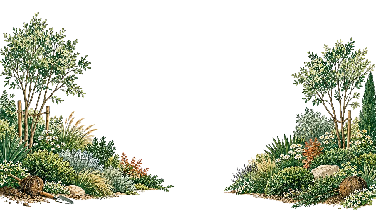 Composition paysagère avec arbres, arbustes et plantes ornementales