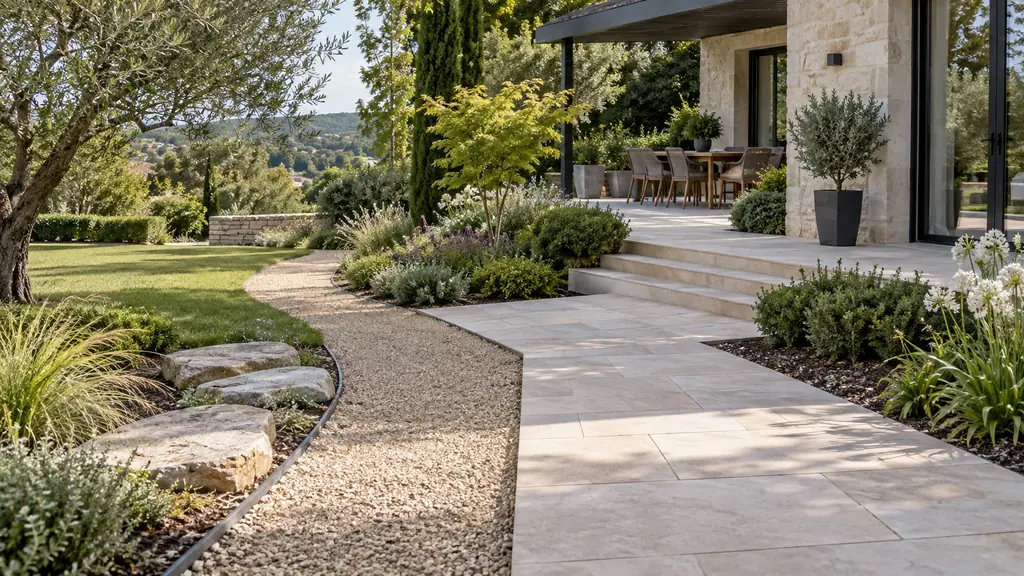 Illustration d’un extérieur associant une allée en gravier, un cheminement minéral, des dalles en pierre et une terrasse paysagée.