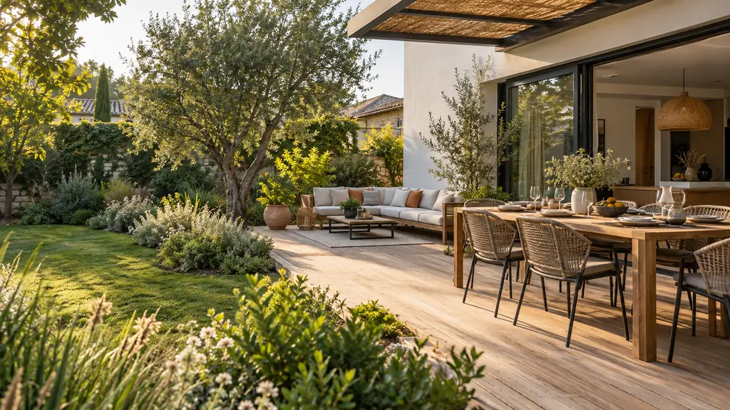 Illustration d’un aménagement extérieur associant une terrasse en bois, un espace repas, un salon de jardin et des plantations.